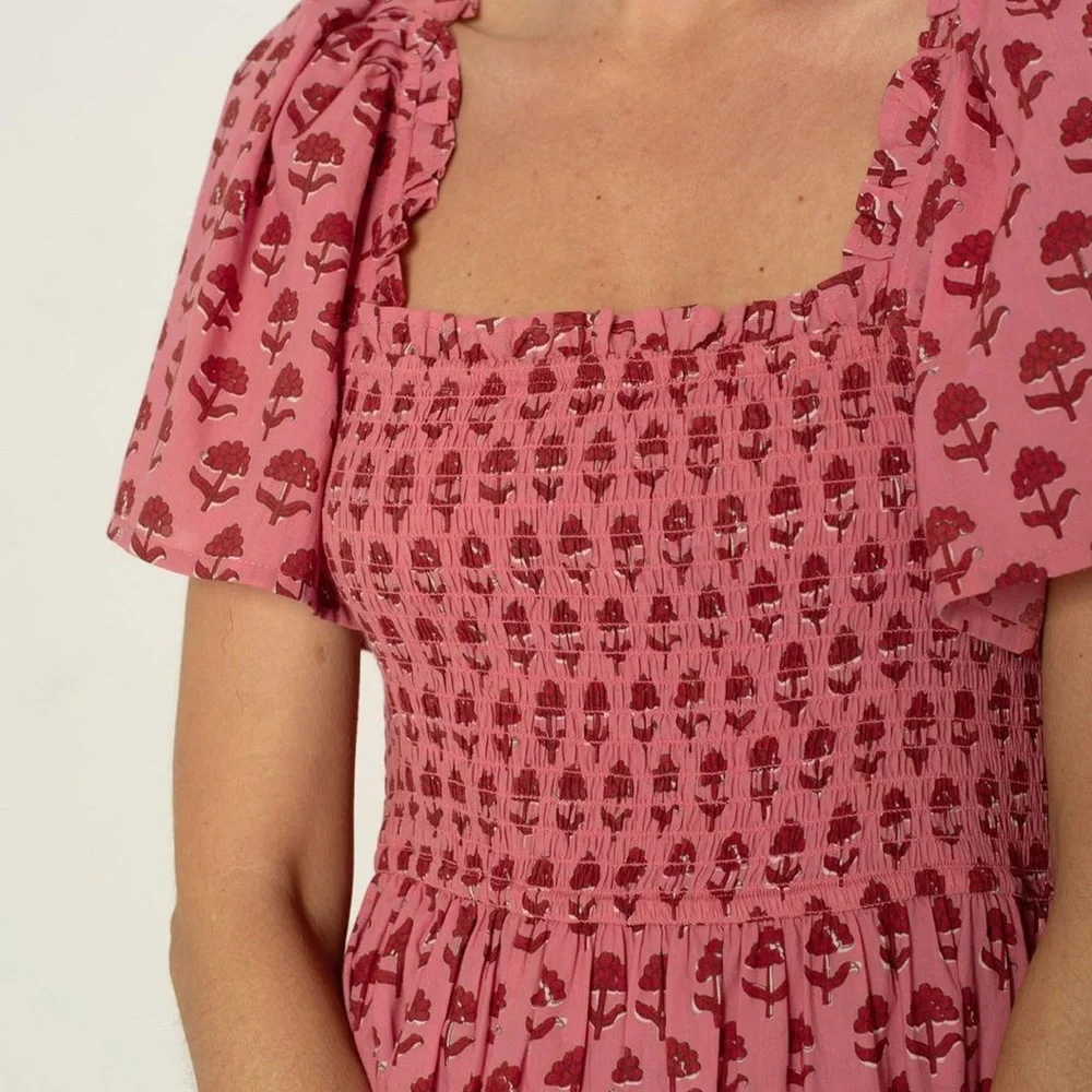 NWT Ophelia & Indigo Pink Floral Smocked Puff Sleeve Dress Cottagecore – XS - Picture 3 of 8